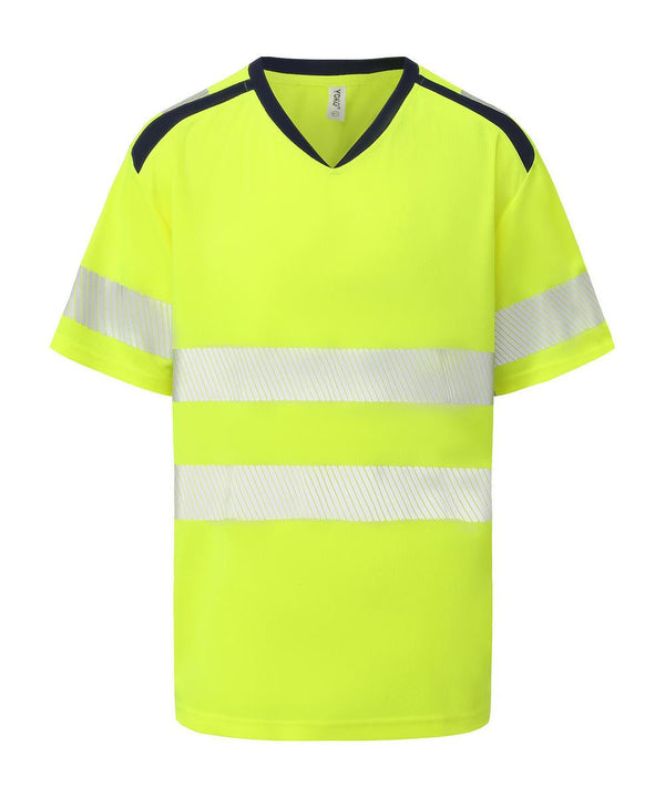 The Yoko Hi-vis mandarin collar comfort trim t-shirt (HVJ430) is a short-sleeved, high-visibility yellow shirt with two horizontal torso stripes, one reflective stripe per sleeve, black shoulder accents, and a V-neck.
