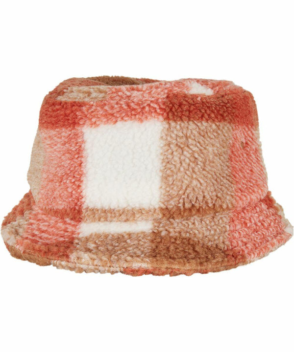 A Flexfit By Yupoong YP205 with a checkered pattern in shades of red, white, and brown made of a fuzzy, textured material.