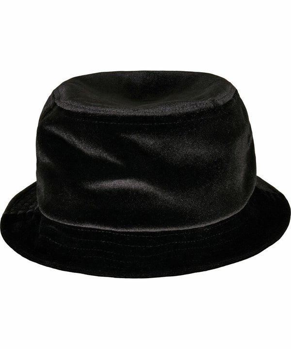 A black velvet bucket hat with a flat top and a narrow brim, the YP206 by Flexfit By Yupoong.