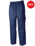 A pair of Tranemo TR2921_50 dark blue cargo pants with multiple pockets, including a large side pocket on the right leg. The pants feature a button closure at the waist and reinforced knee areas for added durability.