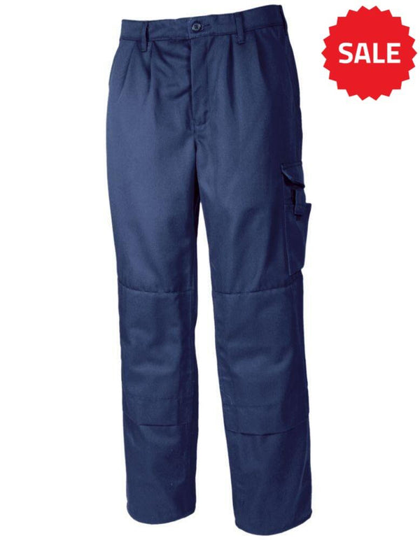 A pair of Tranemo TR2921_50 dark blue cargo pants with multiple pockets, including a large side pocket on the right leg. The pants feature a button closure at the waist and reinforced knee areas for added durability.