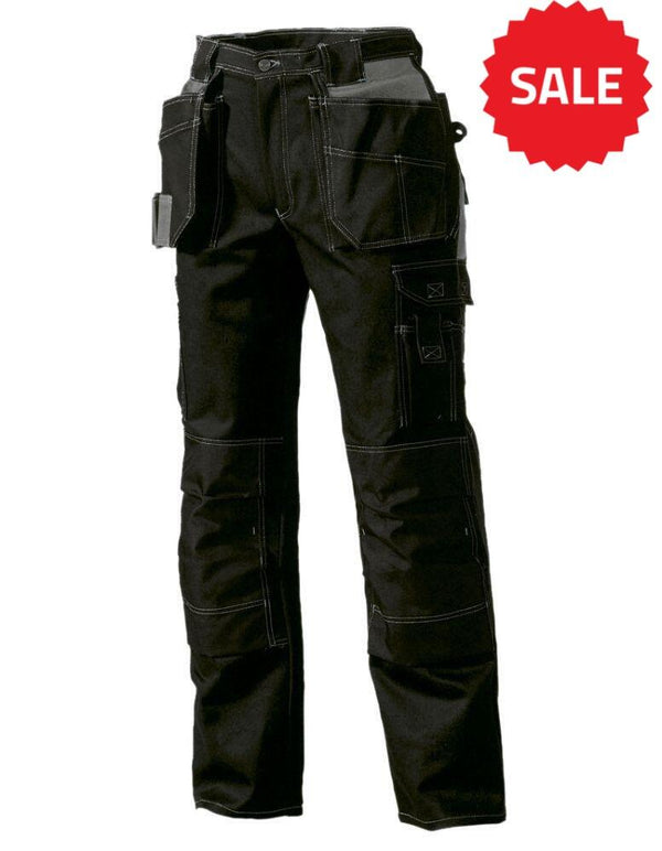 A pair of black cargo pants with multiple pockets and white stitching detail. The Tranemo TR7330_50 pants feature reinforced knee panels and belt loops, designed for durability and functionality.