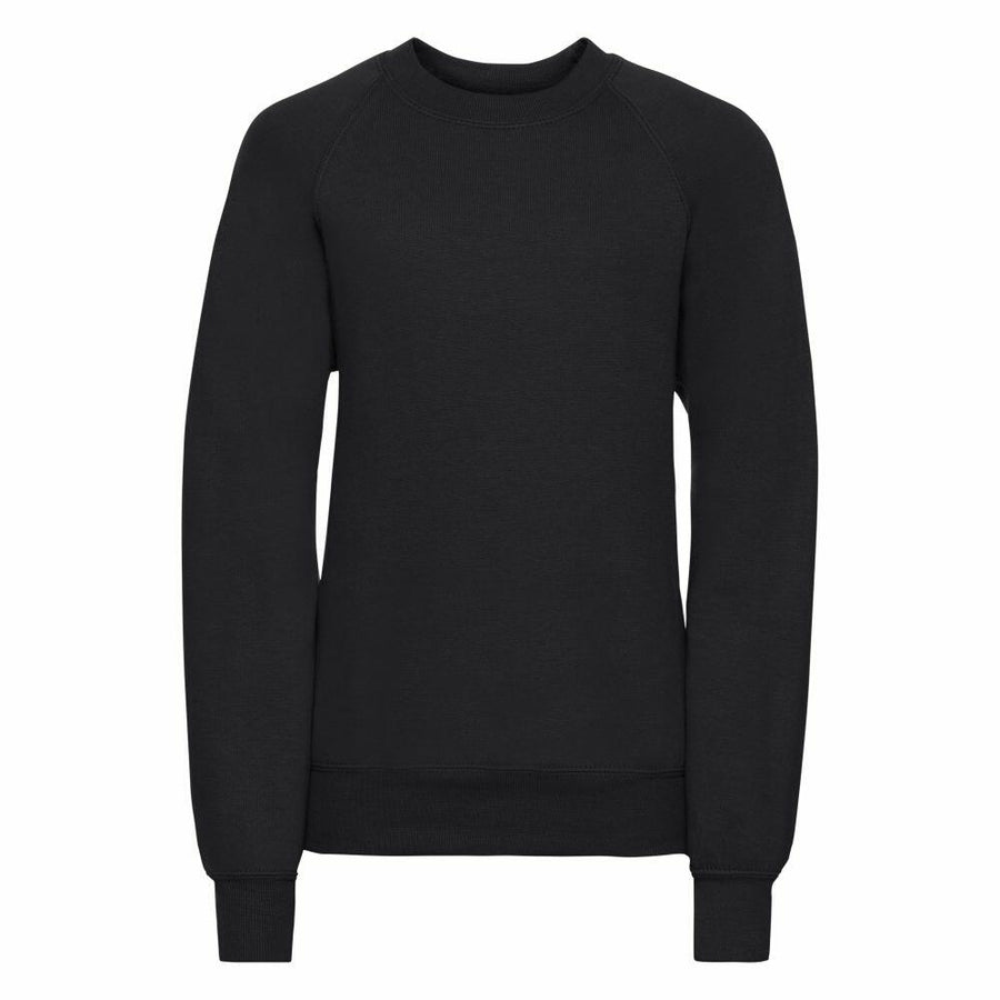 Russell's 7620B black crewneck sweatshirt with long sleeves, displayed against a white background.