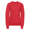 Russell's product 7620B is a red sweatshirt featuring a crewneck, long sleeves, and ribbed cuffs.