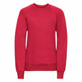 The Russell 7620B is a plain red crewneck sweatshirt with long sleeves and ribbed cuffs. The fabric looks soft and comfortable, ideal for casual wear, and it is displayed against a plain white background.