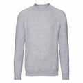 A gray Russell 7620B sweatshirt featuring long sleeves and a crew neck, displayed against a white background.