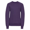 A plain purple Russell sweatshirt, model number 7620B, featuring long sleeves, a crew neckline, and ribbed cuffs and hem, displayed against a white background.