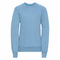 A Russell 7620B sweatshirt in light blue, featuring long sleeves and ribbed cuffs, laid flat on a white background.