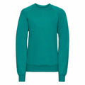 A plain teal Russell sweatshirt, product number 7620B, is shown on a white background. The sweatshirt showcases long sleeves, a round neckline, and ribbed cuffs and hem.