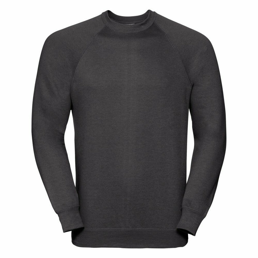 A Russell brand 7620M black long-sleeved sweatshirt featuring a crew neckline, displayed on a plain background.