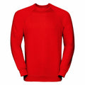 A simple red sweatshirt featuring long sleeves and a crew neck, labeled as Product 7620M by Russell.