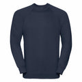 Russell's 7620M sweatshirt is a plain, crew neck, long-sleeved garment in navy blue, showcased on a white background.