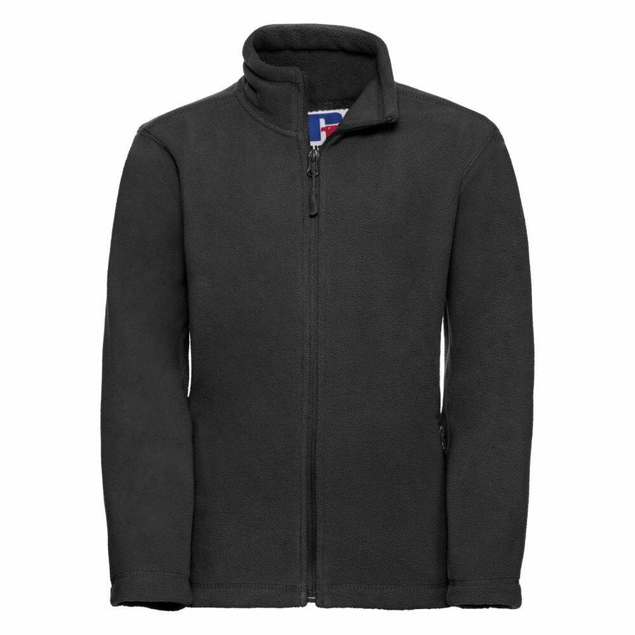 A black Russell fleece jacket, model 8700B, featuring a front zipper and high collar, displayed on a plain white background.
