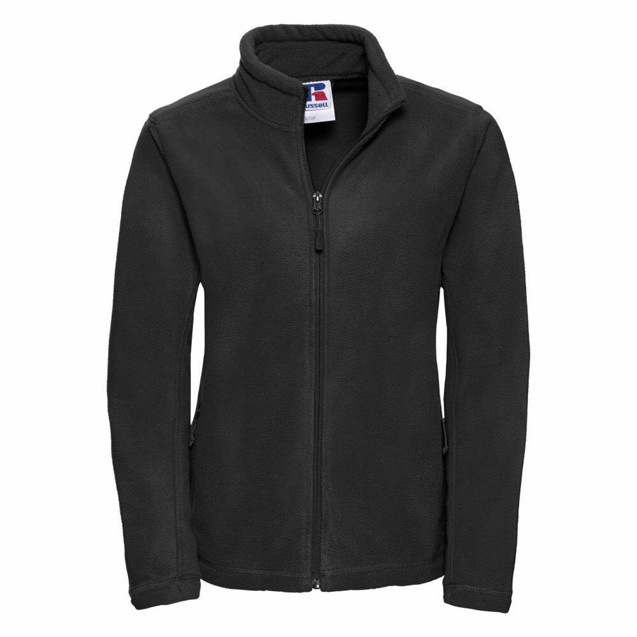 Product 8700F, a black zip-up fleece jacket with a high collar from Russell, is displayed against a white background.