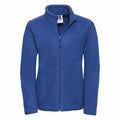 The Russell 8700F is a blue fleece jacket featuring a full front zipper and a standing collar.
