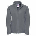 The Russell 8700F, a gray zip-up fleece jacket with long sleeves and a high collar, is showcased against a white background. It includes a small logo tag on the inside of the collar.