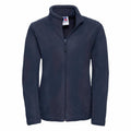 Russell's 8700F is a navy blue fleece jacket featuring a high collar, long sleeves, and a full-length zipper. Its minimalist design makes it perfect for cool weather.