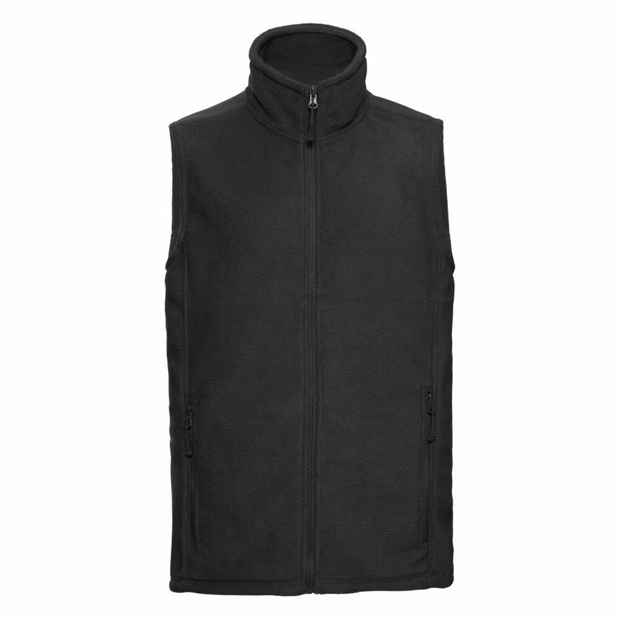 Russell's 8720M is a black fleece vest with a high collar and front zipper, featuring two zippered side pockets.
