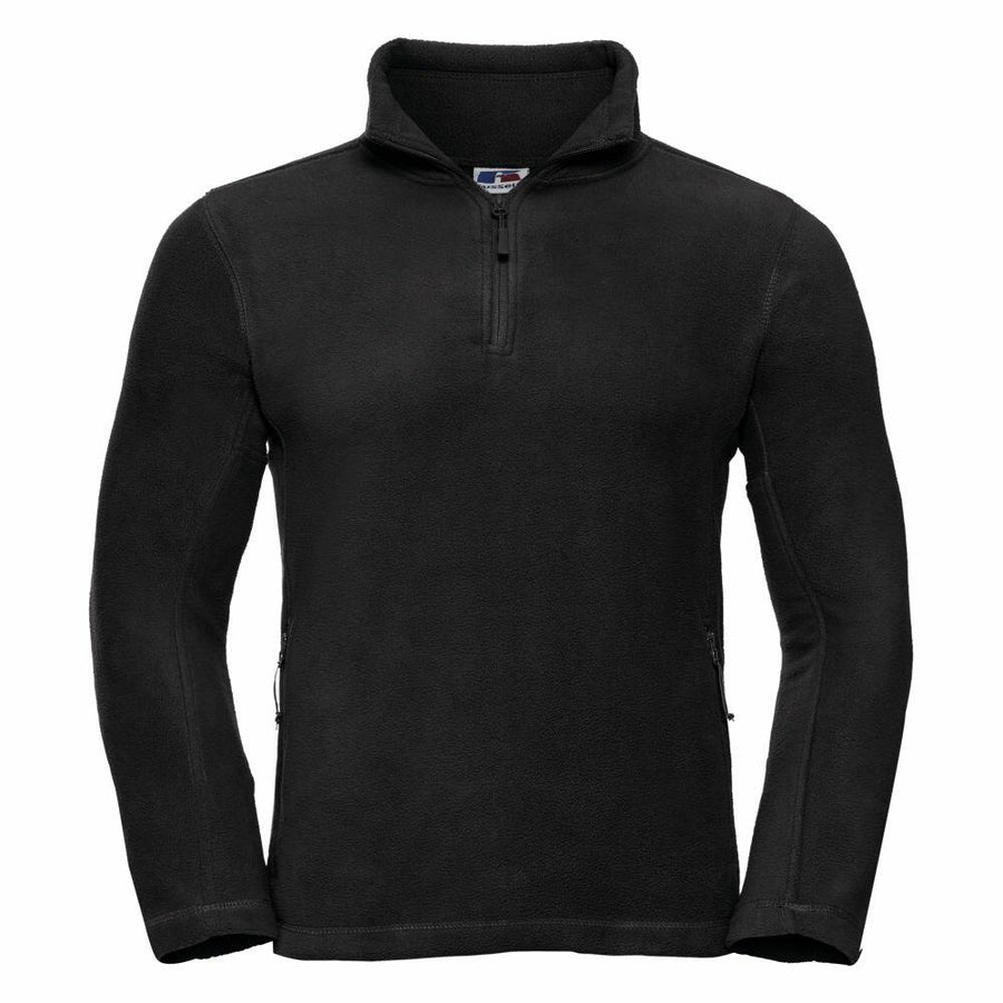 Russell 8740M quarter-zip black fleece pullover featuring long sleeves and zippered pockets, showcased on a plain white background.
