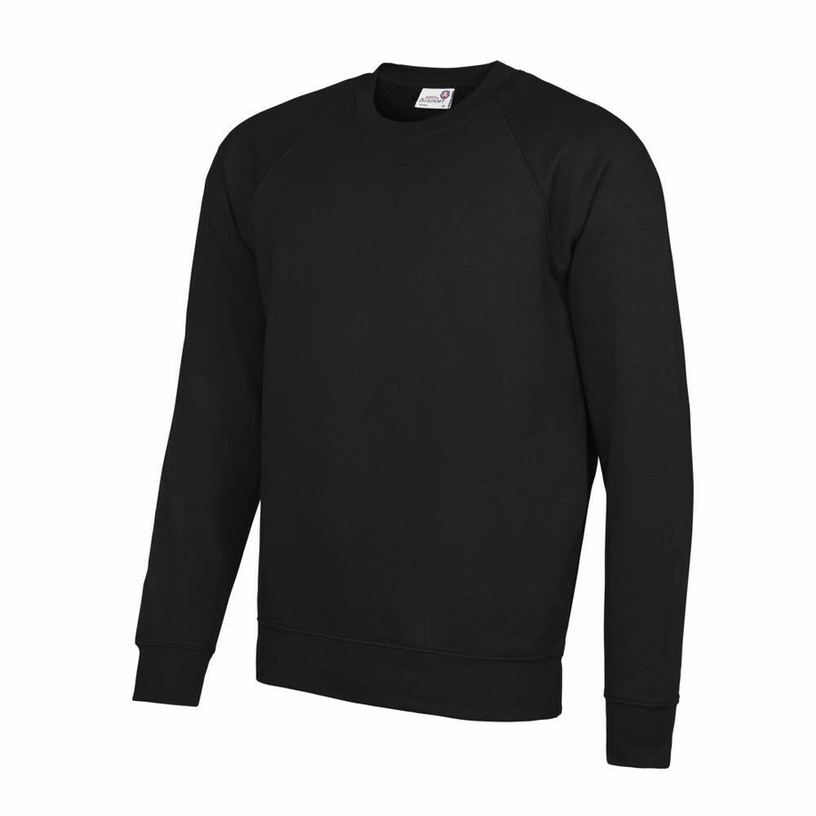 An AWDis Academy AC001 sweatshirt in plain black with long sleeves and a round neckline.
