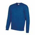 The AC001, a long-sleeve sweatshirt by AWDis Academy, features a plain blue design with a crew neckline and ribbed cuffs against a white background.