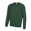 A plain, dark green crewneck sweatshirt by AWDis Academy, featuring long sleeves and ribbed cuffs, laid flat against a white background. Product Name: AC001.