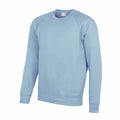 A light blue crewneck sweatshirt with long sleeves, labeled as AC001 by AWDis Academy, is showcased against a plain white background. The sweatshirt boasts a simple design without any visible logos or patterns.