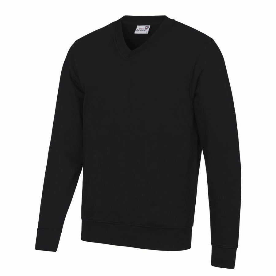 A sweatshirt from AWDis Academy, model AC003, featuring a black long-sleeve V-neck design, displayed against a plain white background.