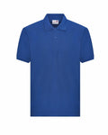 This image showcases the AC004 polo shirt by AWDis Academy, featuring a plain blue design with short sleeves.