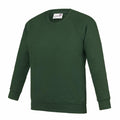 A green crewneck sweatshirt with long sleeves from the brand AWDis Academy, model AC01J, displayed against a white background. The design of the sweatshirt is minimalist, featuring no visible logos or designs on the front.
