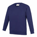 The AC01J sweatshirt from AWDis Academy is a plain, navy blue crewneck design with long sleeves. It looks soft and comfortable, featuring ribbed cuffs and a ribbed hem. The tag on the inside of the collar is visible.