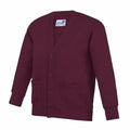 The AWDis Academy AC02J is a maroon cardigan featuring long sleeves, a button front, and two pockets.