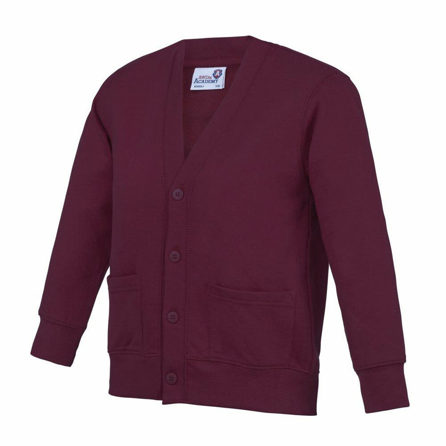 The AWDis Academy AC02J is a maroon cardigan featuring long sleeves, a button front, and two pockets.