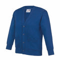 AWDis Academy's AC02J cardigan sweater in blue, featuring front buttons and two pockets, displayed on a white background.