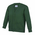 A long-sleeved green cardigan featuring two front pockets from AWDis Academy, known as the AC02J.