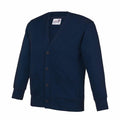 This is the AC02J cardigan by AWDis Academy, designed in dark blue with long sleeves. It features a V-neck, button-up front, and two front pockets, with the label partially visible inside the neckline. The texture looks soft and comfortable.