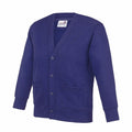 The AWDis Academy AC02J is a children's cardigan in blue, featuring a V-neck design, button-down front, and two pockets. The material has a soft and slightly textured feel.