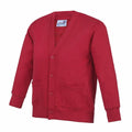 A red cardigan from AWDis Academy (Product Name: AC02J), featuring a V-neck design, button-up front, and two front pockets, displayed on a plain white background.
