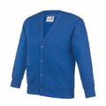 The AC02J button-up cardigan from AWDis Academy is a stylish blue piece featuring long sleeves, two front pockets, and ribbed cuffs. It is displayed against a plain white background.