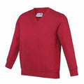 The AC03J sweater from AWDis Academy is displayed against a white background. This red, long-sleeve V-neck sweater features a straightforward design with ribbed cuffs and hem, making it ideal for casual wear.