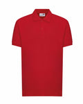 AWDis Academy's AC04J is a red polo shirt with short sleeves, a collar, and a front buttoned placket.
