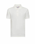 A plain white polo shirt, model AC04J from AWDis Academy, featuring short sleeves, a collar, and a front placket with three buttons.