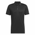 The product description for the AD002 by adidas features a classic black polo shirt, complete with short sleeves and a collar, set against a stark white background.