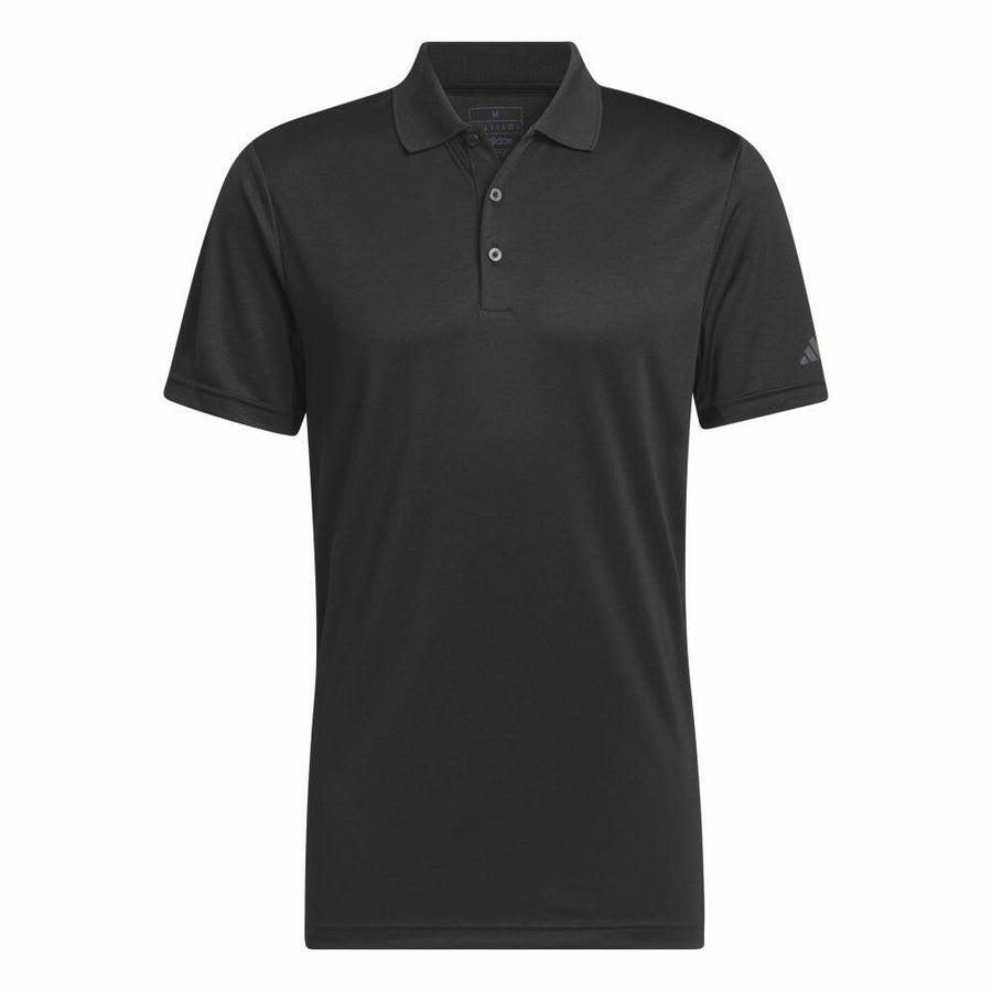 The product description for the AD002 by adidas features a classic black polo shirt, complete with short sleeves and a collar, set against a stark white background.