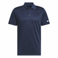 adidas AD002 navy blue polo shirt featuring short sleeves, a collar, three buttons, and a small logo on the left sleeve.