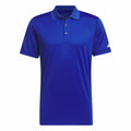 The AD002 by adidas is a plain blue polo shirt, featuring short sleeves and a collar. It includes three buttons on the front and sports a small white logo on one sleeve.