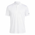 An AD002 by adidas featuring a classic white design with a collar and short sleeves, complete with a small, subtle logo on the left sleeve.
