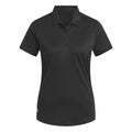 Adidas AD003 black short-sleeve polo shirt featuring a collar and button placket, showcased on a white background.