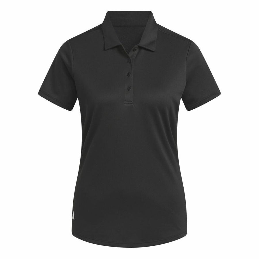 Adidas AD003 black short-sleeve polo shirt featuring a collar and button placket, showcased on a white background.
