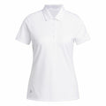 The white short-sleeve polo shirt from adidas, labeled as AD003, features a collar and button-up neckline, displayed against a white background. A small logo is located on the lower left side of the shirt.